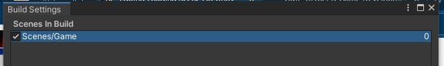 Build Settings with scene “Game” and ID “0” added
